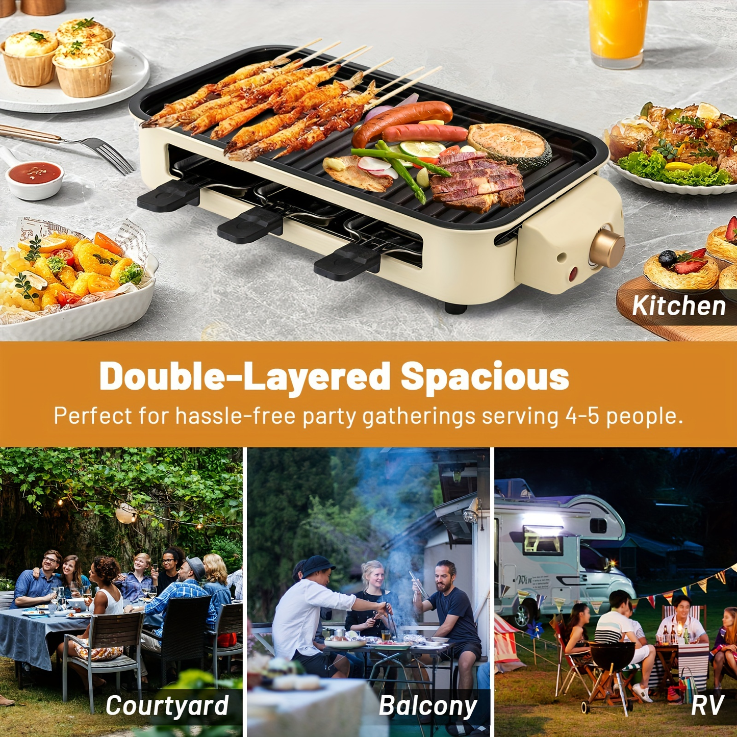 Indoor Electric Smokeless Grill 1700W with Raclette Pans, Non-Stick Plate, Portable Tabletop BBQ Griddle for Couples