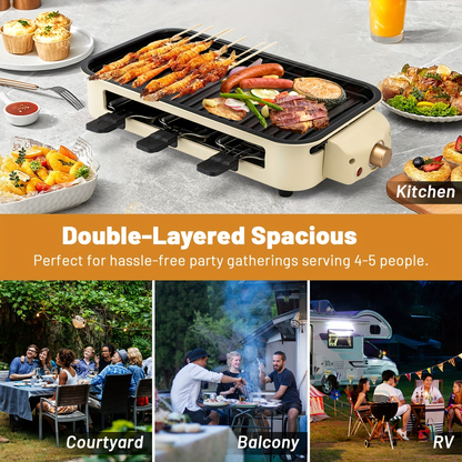 Indoor Electric Smokeless Grill 1700W with Raclette Pans, Non-Stick Plate, Portable Tabletop BBQ Griddle for Couples
