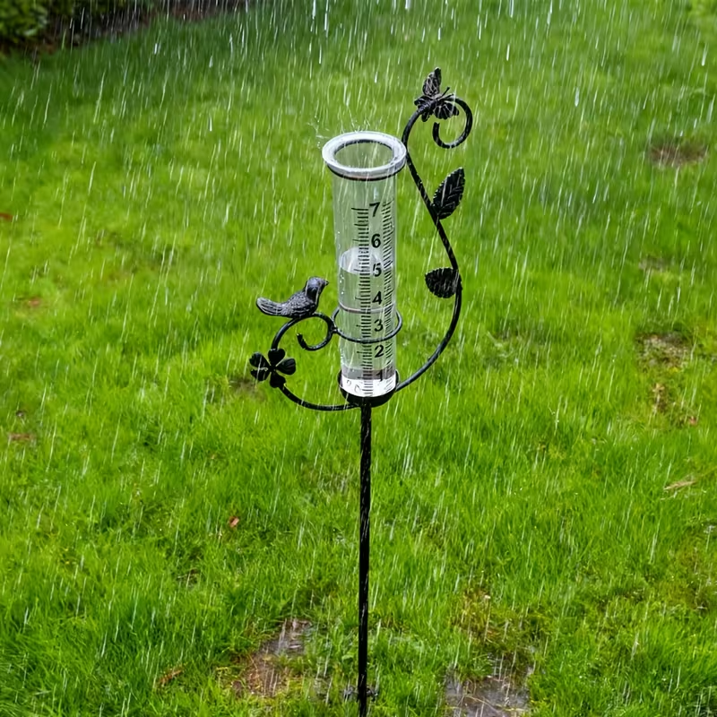 Decorative Rain Gauge Outdoor – 8-Inch Large Capacity Bird Ornament & Metal Spiral Rainfall Collector for Garden, Lawn & Patio