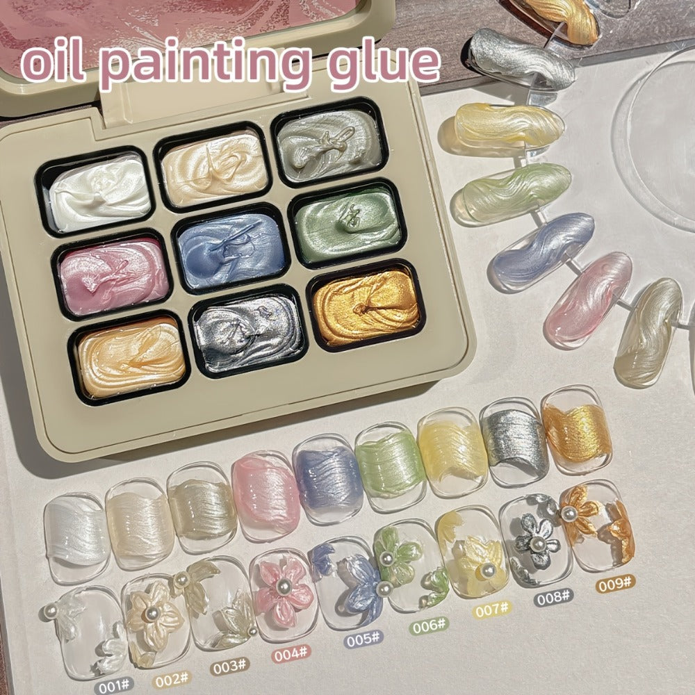 Pearlescent Nail Gel 9-Grid Shell Shimmer Mother of Pearl Cream Oil Painting Gel Polish Set – Multicolor Glitter Iridescent Spiral Design