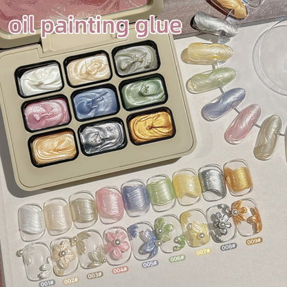 Pearlescent Nail Gel 9-Grid Shell Shimmer Mother of Pearl Cream Oil Painting Gel Polish Set – Multicolor Glitter Iridescent Spiral Design