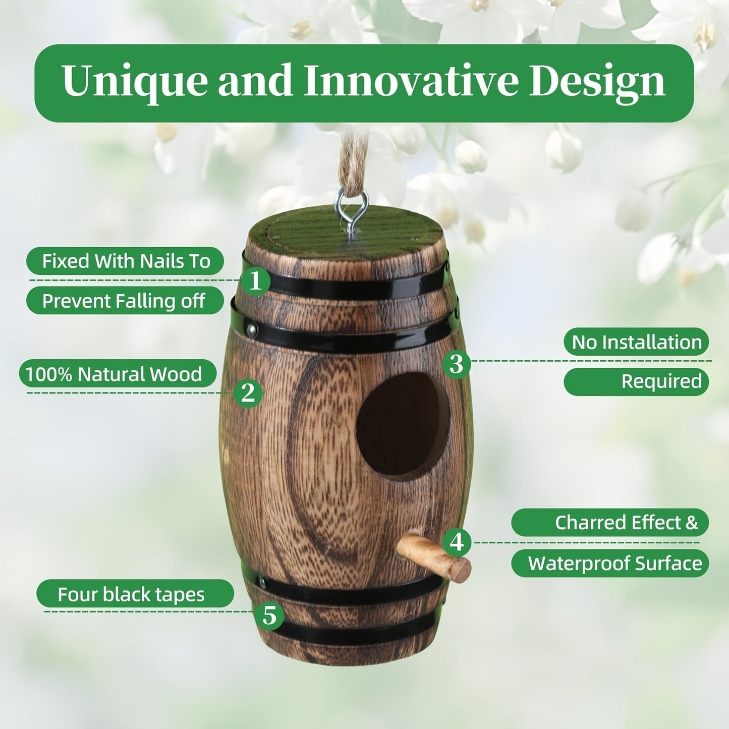 Hummingbird Nest Handcrafted Wood Vintage Barrel Hanging Outdoor Decor