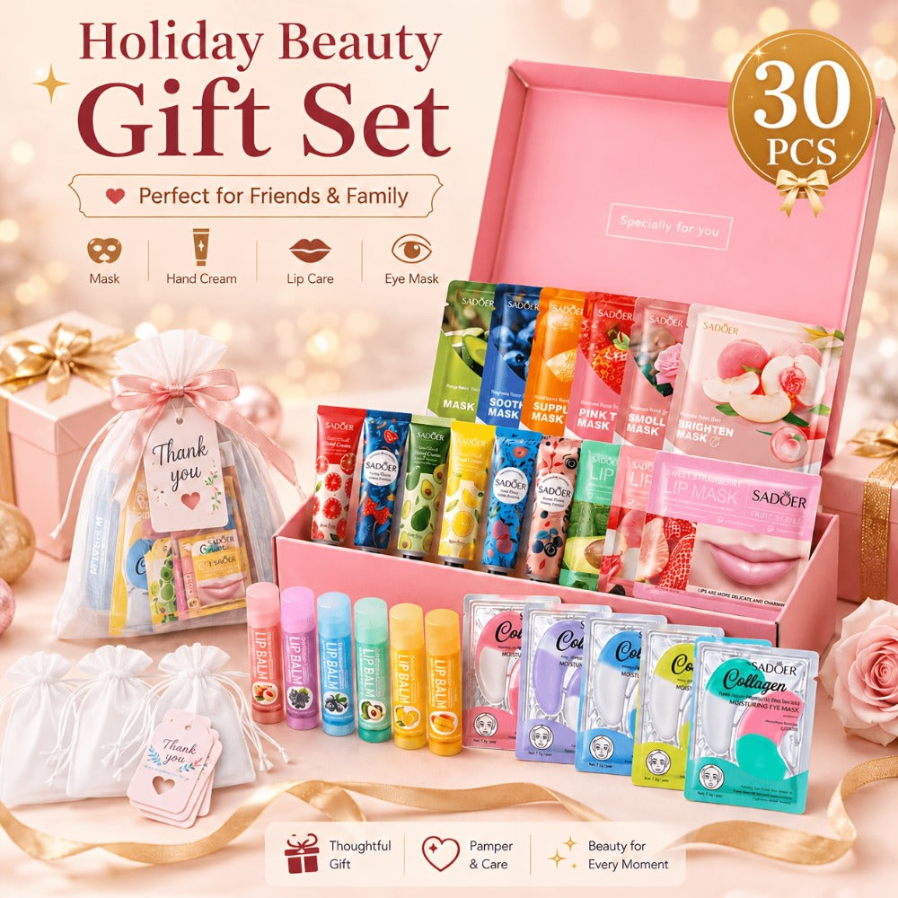 30-Piece Fruit-Themed Skincare Gift Set with Colorful Tubes, Mask Packets, Small Containers and Pink Zip Pouch