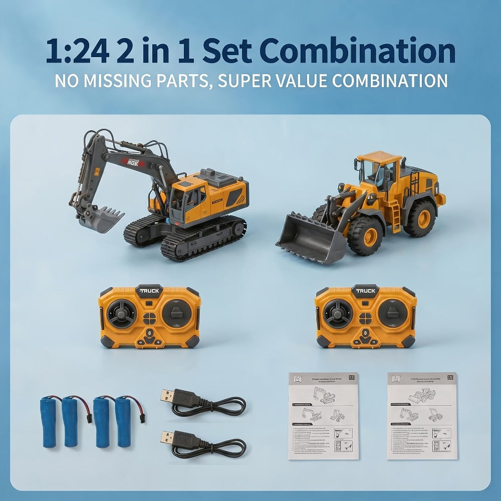 RC Construction Vehicle Set 2.4G 11-Channel Remote Control Excavator Dump Truck Bulldozer, 1:24 & 1:64 Alloy Engineering Toy