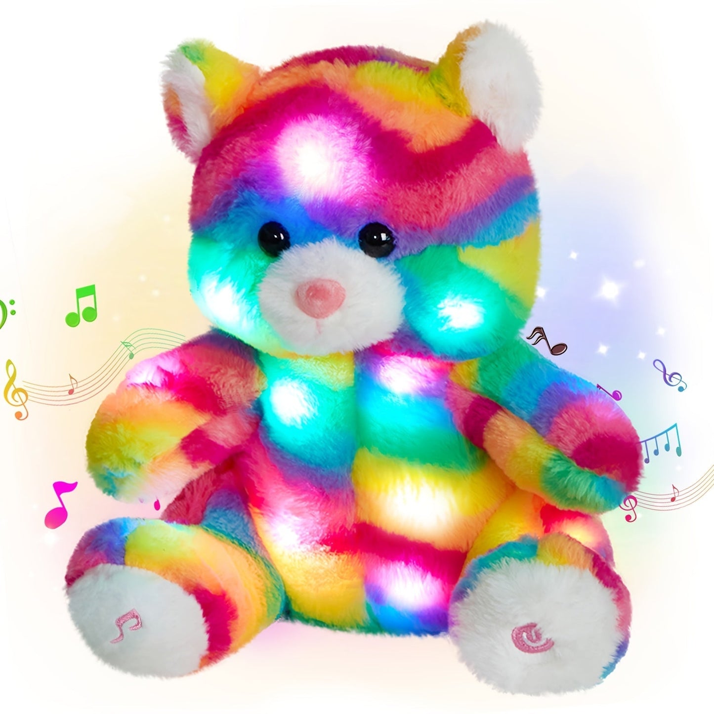 Plush Toy Rainbow Cat with Glowing Color Points and Music for Bright Interactive Display for Character Display, Room Decor and Gift