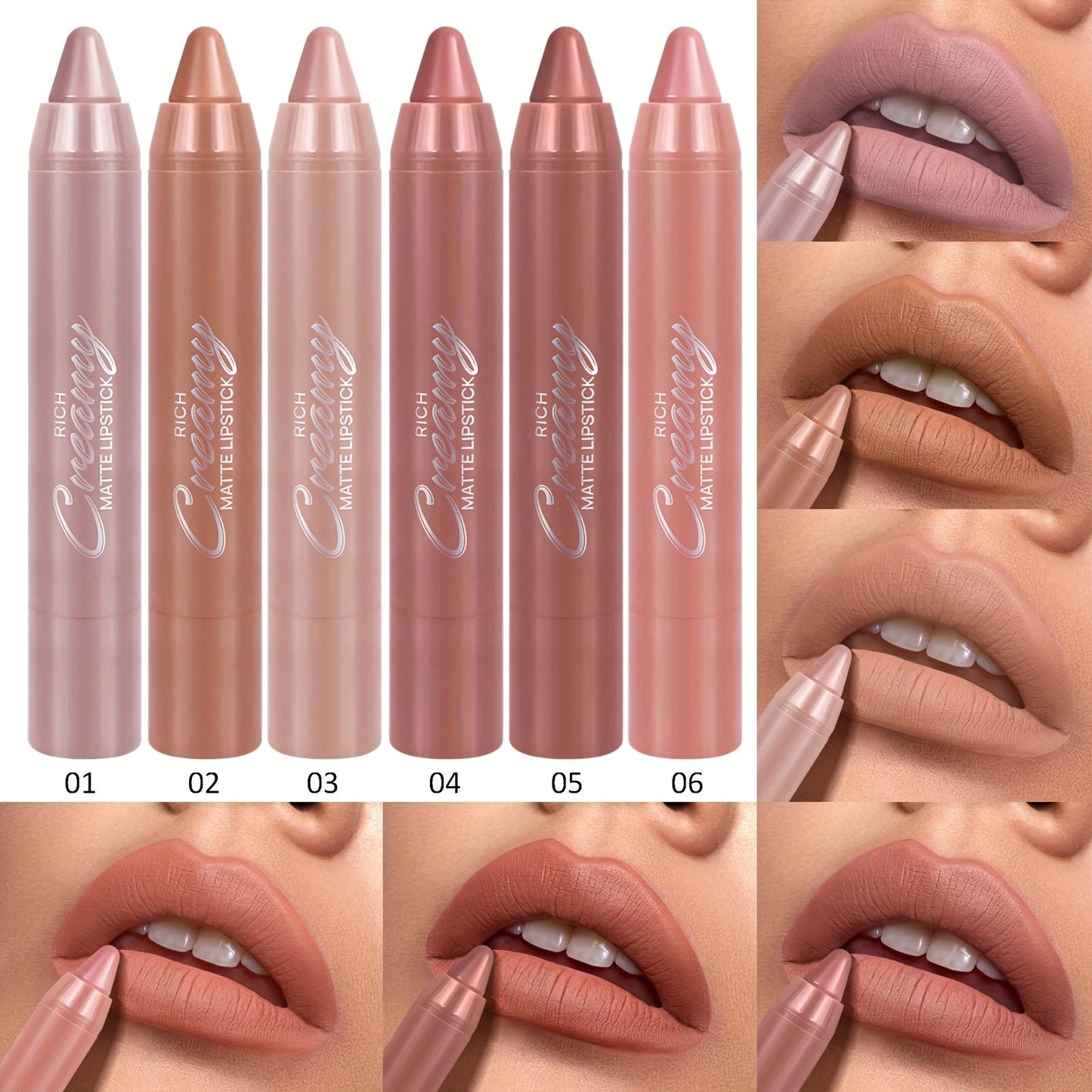 Lipstick Set, PECOLORS 6-Piece Matte Crayon Pen Collection with Nude, Rose and Red Shade Presentation