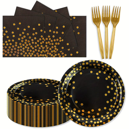 Disposable Party Supplies Set 150 Piece Black and Gold – Paper Plates, Napkins & Forks for 50 Guests, Elegant Tableware for Birthday