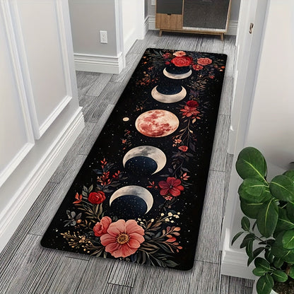 Area Rug Bohemian Moon Phase Floral Runner in Two Machine-Washable Sizes for Kitchen or Hallway