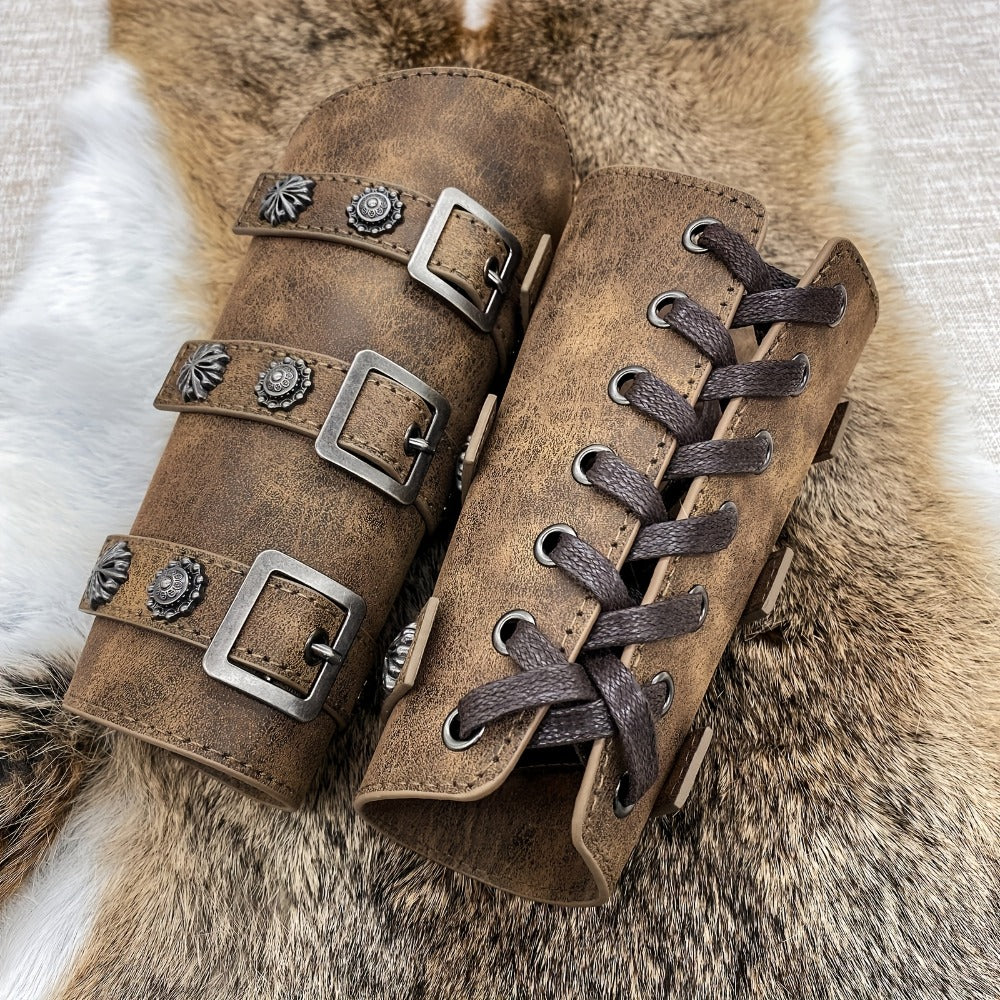 Viking Medieval Leather Arm Guards Bracers – PU Leather Knight Gauntlets Adjustable Metal Buckles Rivets for Men Women Halloween Cosplay