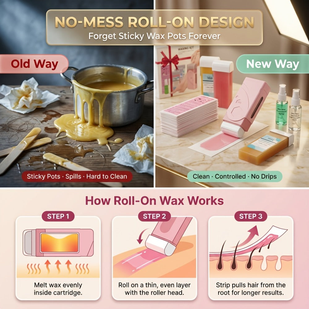 Roll On Wax Kit 105 Piece Complete Home Waxing Set – 2 Roll On Wax Rollers, Wax Warmer, 100 Waxing Strips, Lavender Oil & Pre-Post Spray