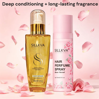 Argan Hair Oil & Rose Scented Spray Set for Women | Moroccan Penetrating Treatment Smooths Frizz Moisturizes Strengthens | Long-Lasting Rose