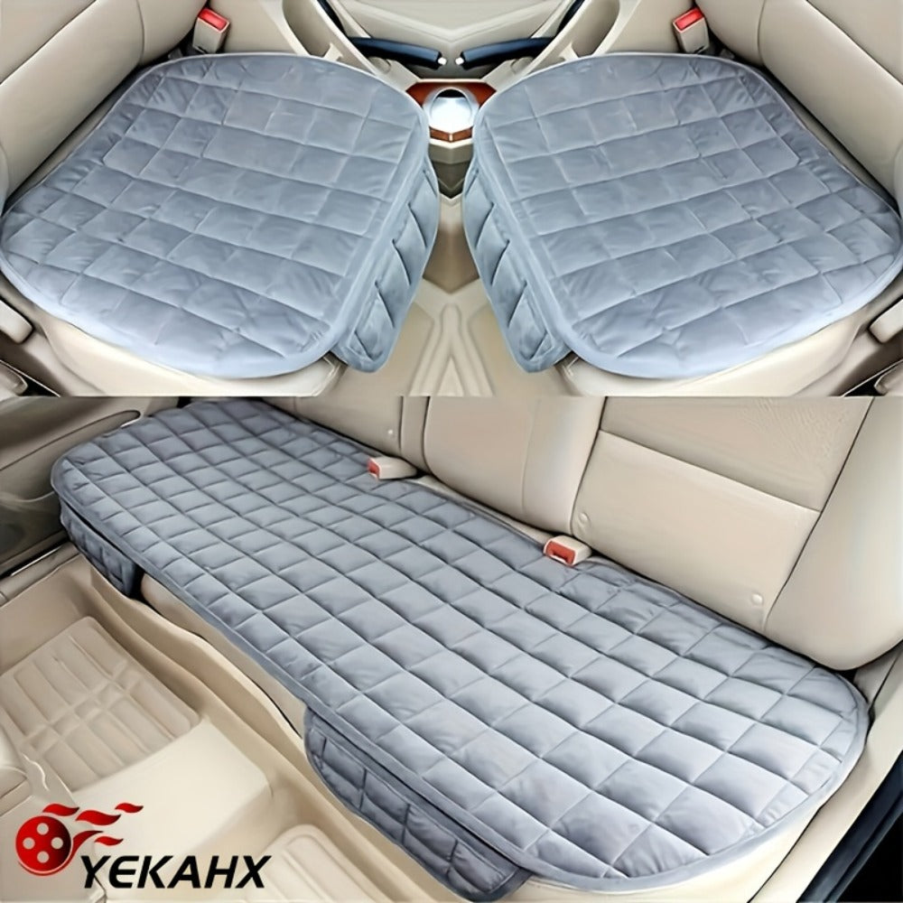 Plush Plaid Car Seat Cushion Three-Piece Set with Two Front Pads, One Rear Pad and Five Color Options