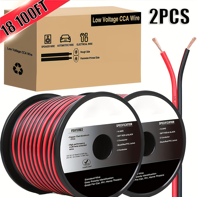 CCA Speaker Wire 16AWG – Red & Black Copper Clad Aluminum 2-Conductor DC Cable for Car Audio, Radio, Amplifier & Home LED Strip Lights