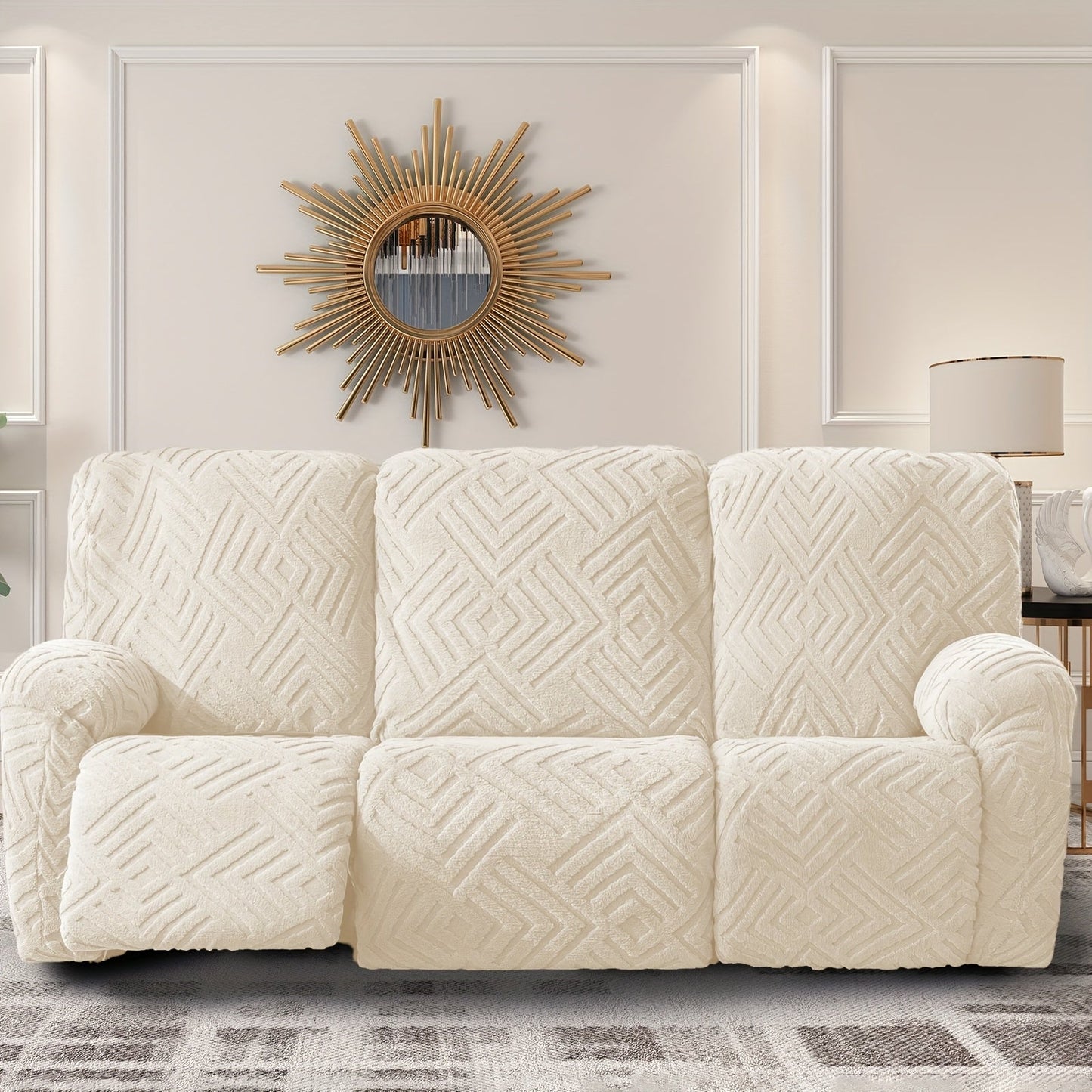 Sofa Cover Three-Seat Jacquard Knit Slipcover with Side Pocket, Elastane Stretch and Seven Solid Colors