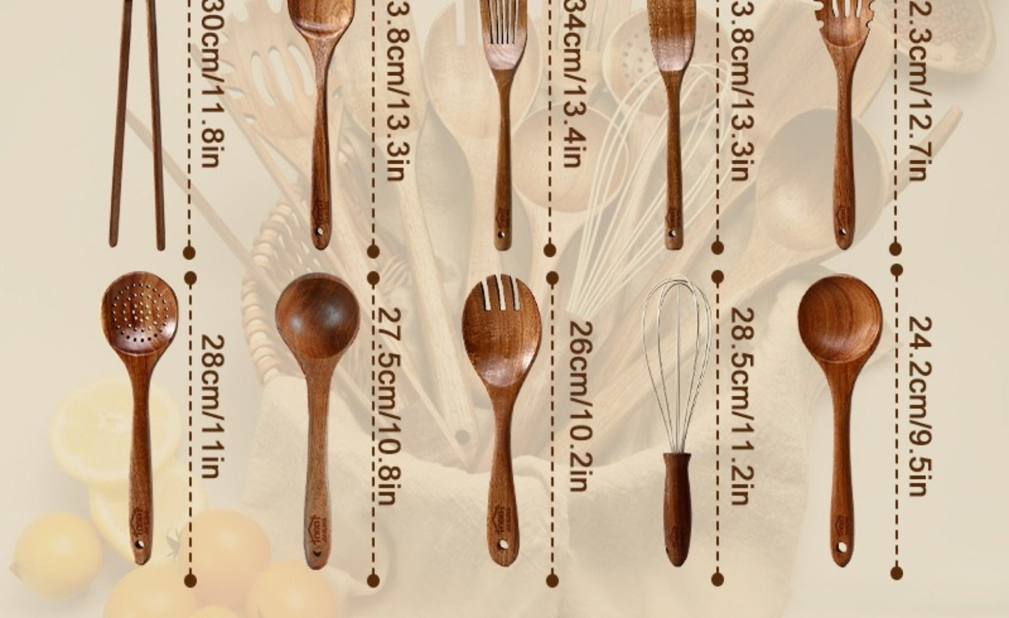 Kitchen Utensils 10-Piece Teak Wood Spoon and Spatula Set with Thickened, Basic and Shovel Configurations