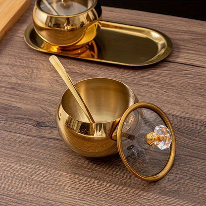 Golden Stainless Steel Seasoning Jar Set 2 or 3pcs Spice Containers with Lid and Spoon for Home Cooking, Dining and Outdoor Meals