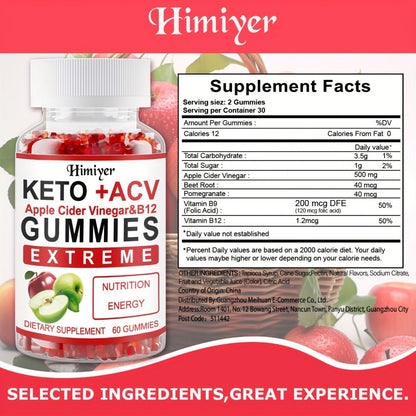 Apple Cider Vinegar Gummies with B12, Pomegranate & Beet Juice Powder, Keto ACV Supplement for Metabolism