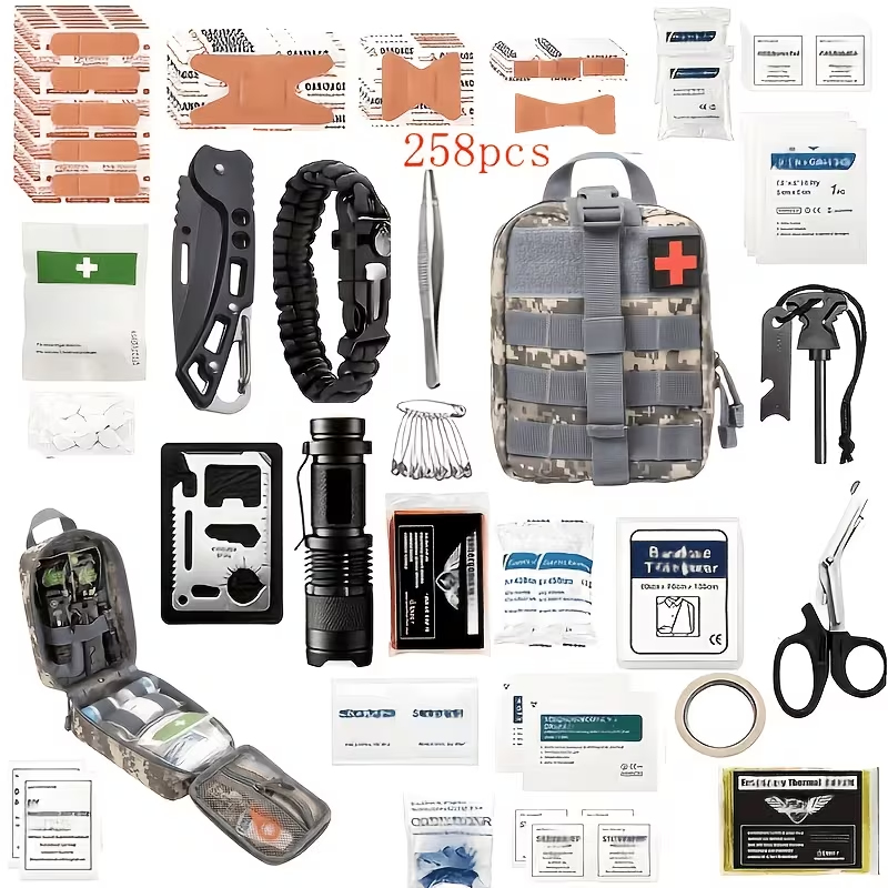 Outdoor Survival Gear Set 11/13/258-Piece – Professional Emergency Kit with Fire Starter & Compass | Multi-Tool Outdoor Equipment