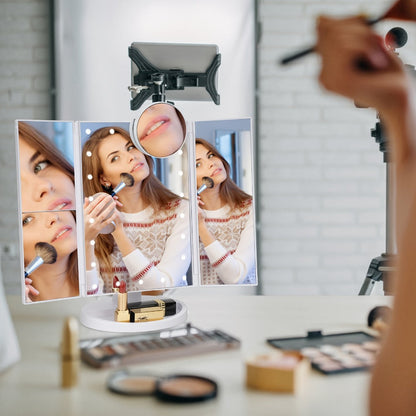 Trifold LED Vanity Mirror with 1X 2X 3X 10X Magnification Touch Screen Adjustable Brightness, for Makeup, Travel and Everyday Vanity Use