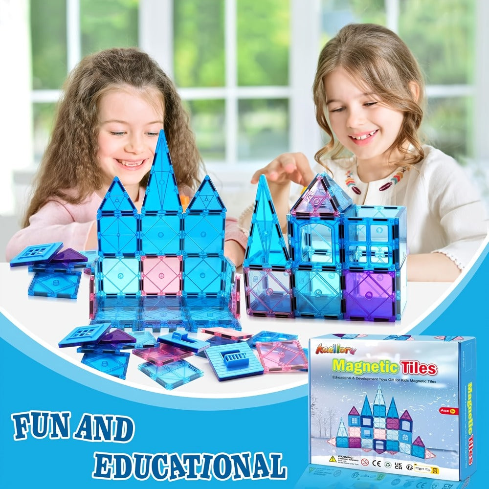 32-Piece Blue and Purple Magnetic Tile Castle Set with Squares, Triangles and Window Pieces