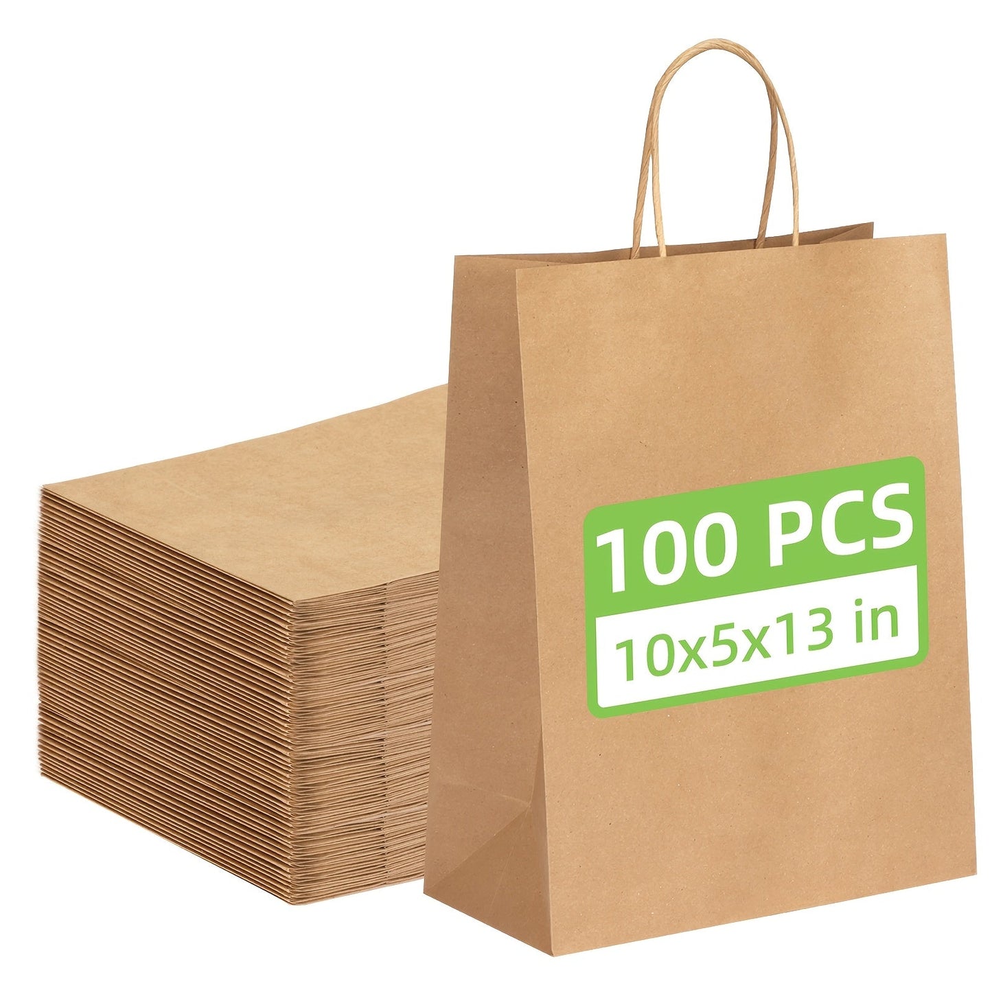 Gift Bag Set Large Brown Kraft Paper, 100 Bags with Twisted Handles, 112G Paper and 10 x 5 x 13 Inch Size