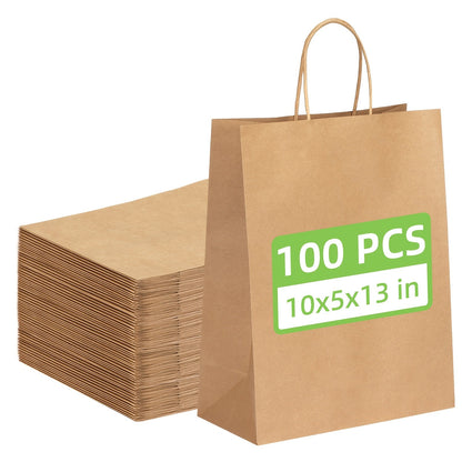 Gift Bag Set Large Brown Kraft Paper, 100 Bags with Twisted Handles, 112G Paper and 10 x 5 x 13 Inch Size