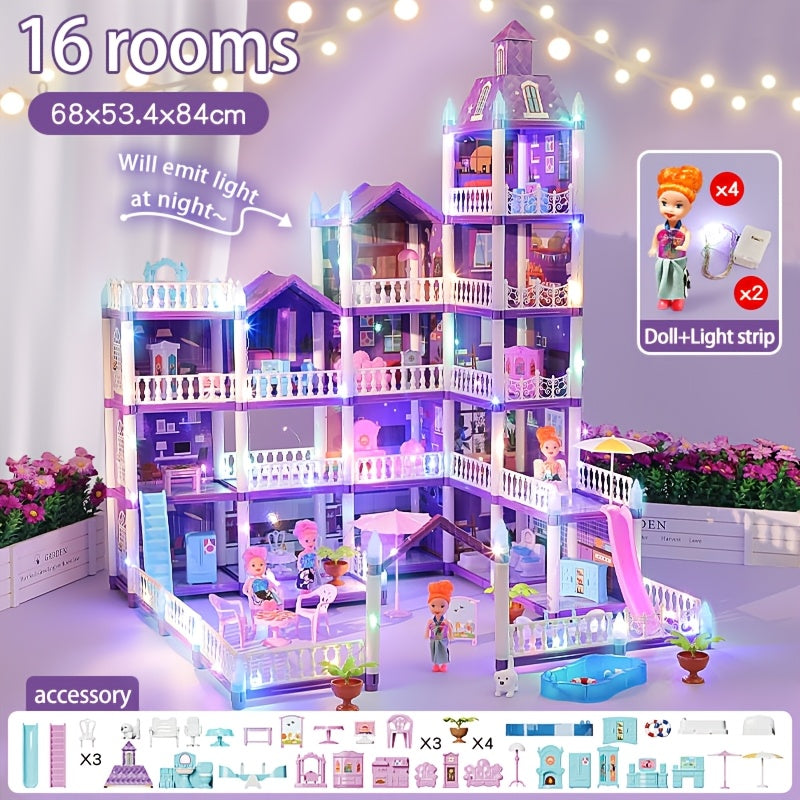 LED Dollhouse Playset for Girls, Purple Multi-Room Playhouse with Doll Figures, Puppies, Furniture & LED Lighting