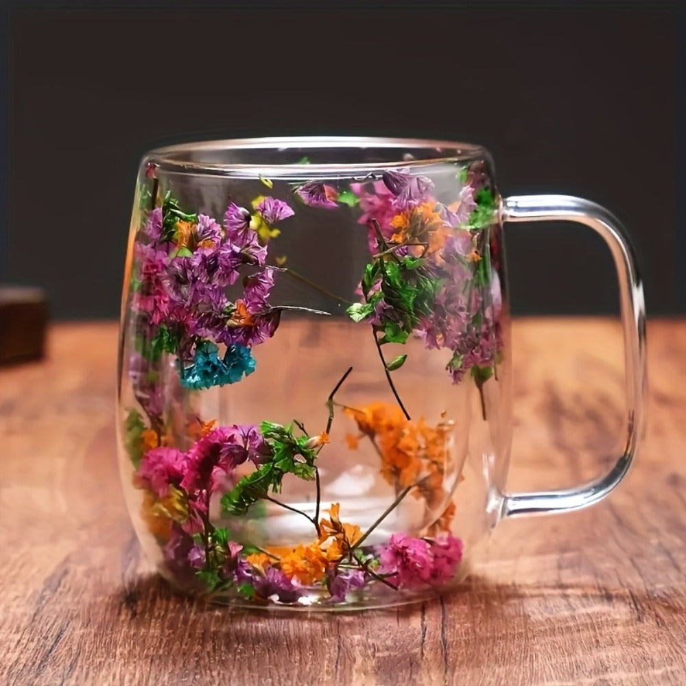 Double Wall Glass Coffee Cups with Handle Set of 4 – Borosilicate Thermal Mugs for Latte Cappuccino Tea | Dried Flower & Petal Design