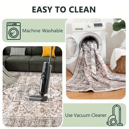 Area Rug Bohemian Retro Design in Beige or Grey with Six Foldable Machine-Washable Room Sizes