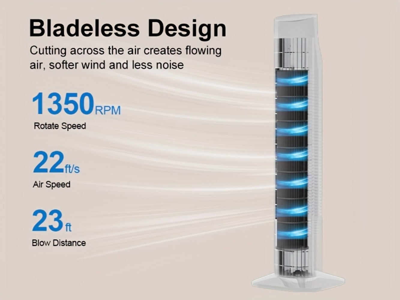 Tower Fan 31 Inch Bladeless, 80° Oscillating Standing Fan with Remote Control, 7.5H Timer & 3-Speed Settings