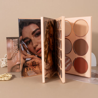 3-in-1 Eyeshadow Blush Highlighter Palette Loose Powder Book-Style Folding Compact Buildable, for Makeup, Travel and Everyday Vanity Use