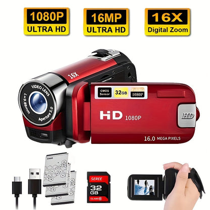 Digital Camera with Flip Screen, Camcorder with 1080P Video, 16MP Capture Marking, 16X Digital Zoom, 270° Flip Screen and 32GB Card