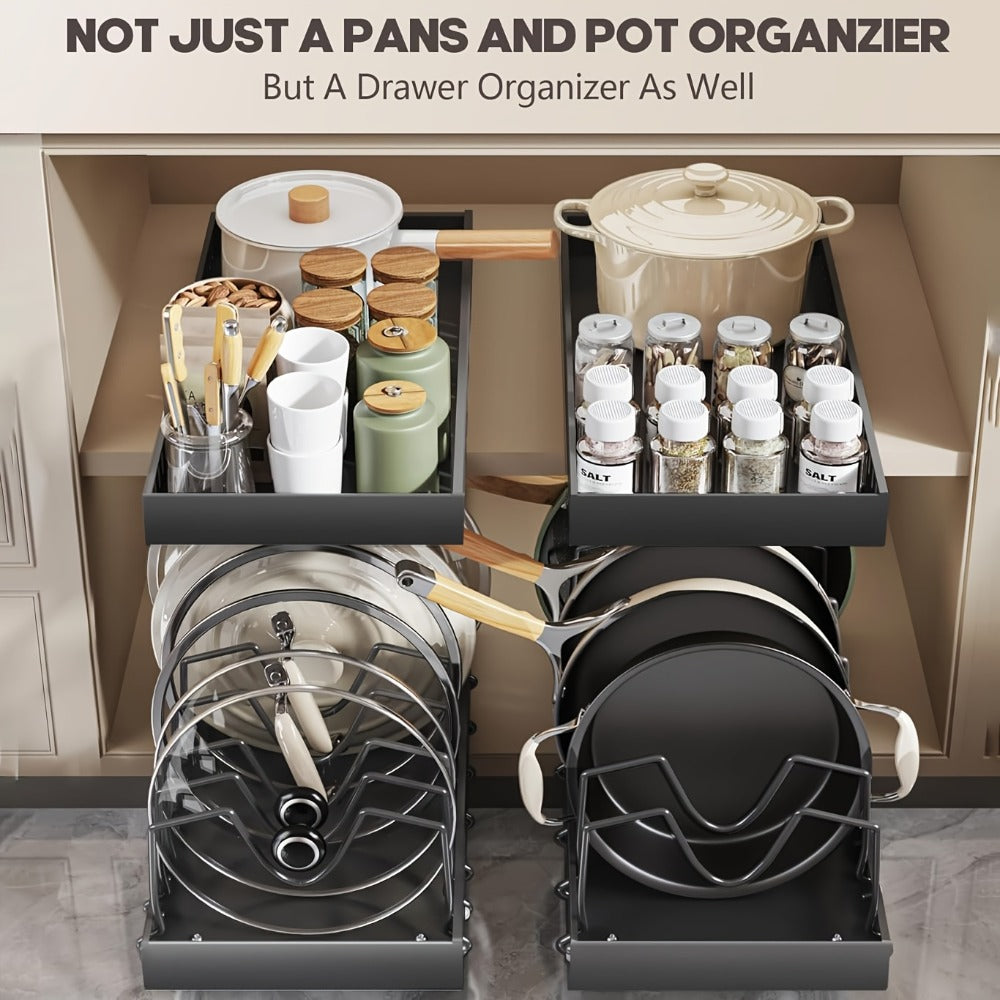 Pull-Out Pot and Pan Lid Rack Cabinet Sliding Storage Organizer – Kitchen Cabinet Slide-Out Box with 8/16 Adjustable Dividers for Lids