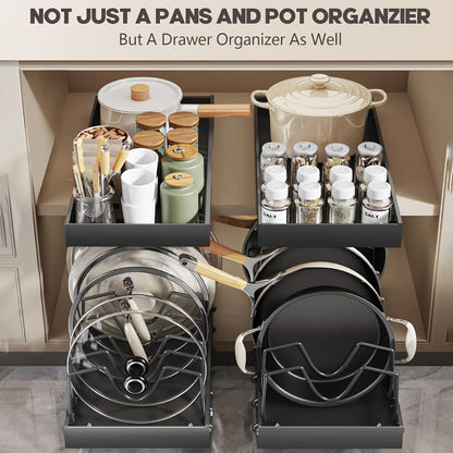 Pull-Out Pot and Pan Lid Rack Cabinet Sliding Storage Organizer – Kitchen Cabinet Slide-Out Box with 8/16 Adjustable Dividers for Lids
