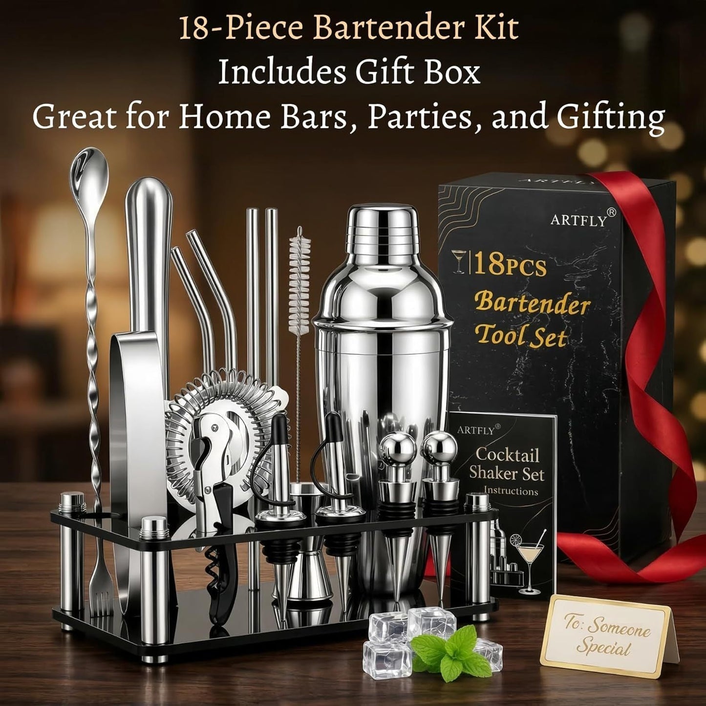 Bartender Kit 18-Piece with Acrylic Stand, 18/8 Stainless Steel Bar Set, Martini Shaker, Jigger, Muddler & Recipe Book