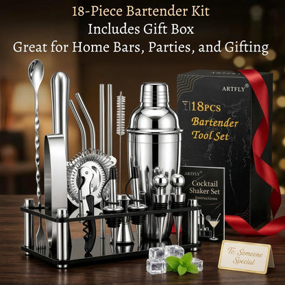 Bartender Kit 18-Piece with Acrylic Stand, 18/8 Stainless Steel Bar Set, Martini Shaker, Jigger, Muddler & Recipe Book