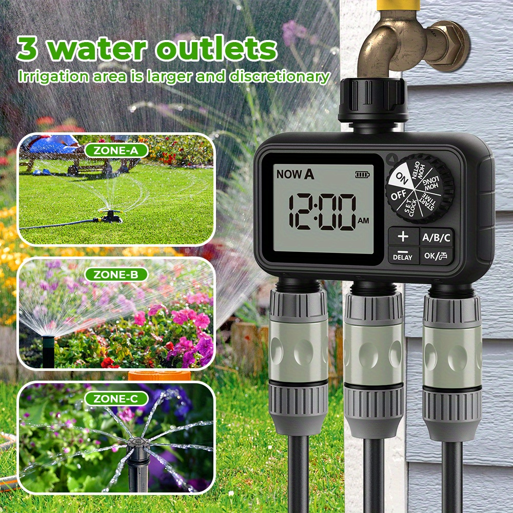 3-Zone Sprinkler Timer with Auto/Manual/Rain Delay Modes, Programmable Garden Hose Irrigation Controller