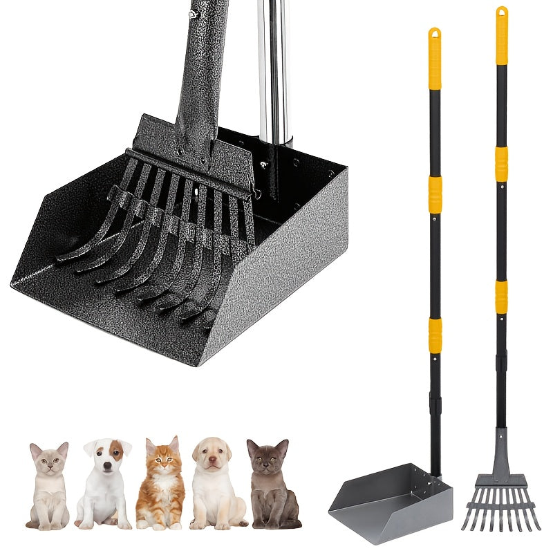 Dog Pooper Scooper Set Stainless Steel – Rust-Proof Tray & Rake with Adjustable Handles, Easy-Clean Pet Waste Removal Scoop for All Breeds