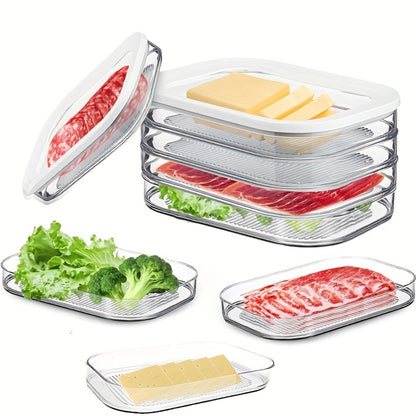 Food Storage Containers with Lids, Four-Tier Stainless Steel Refrigerator Tray Set with Clear Lids and Stacking Rims