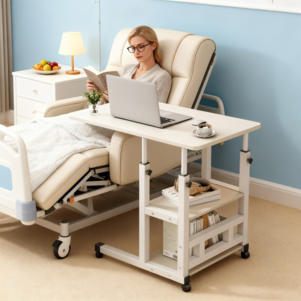 Rolling Overbed Table with Brake Wheels, Adjustable Height Bedside Nursing Dining Table for Elderly & Patients