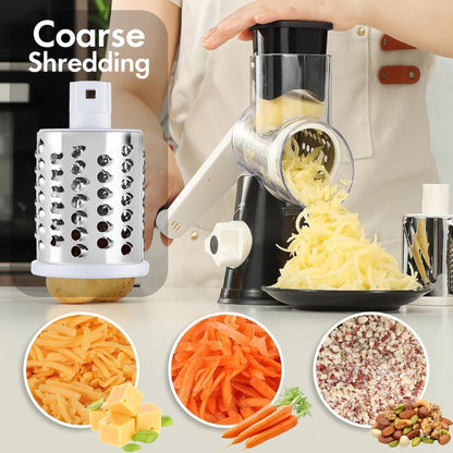 Rotary Cheese Grater, Stainless Steel Hand Crank Shredder with 3 Interchangeable Blades, Suction Base & Cleaning Brush