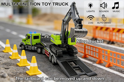 RC Semi Truck with Flatbed Trailer & Alloy Excavator Set 1:12 Scale, 11-Channel Dual Control, Sound & Lights
