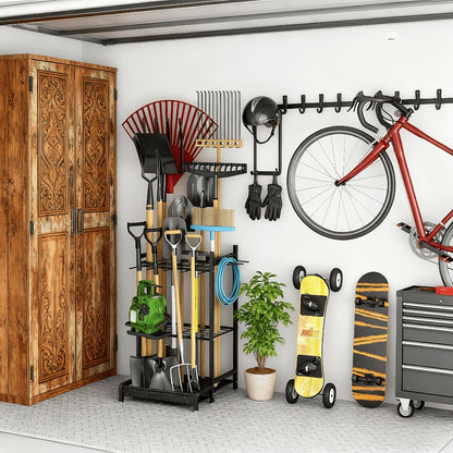 Garden Tool Organizer for Garage, Metal Yard Tool Storage Rack with Hooks & Wheels for Long-Handled Tools