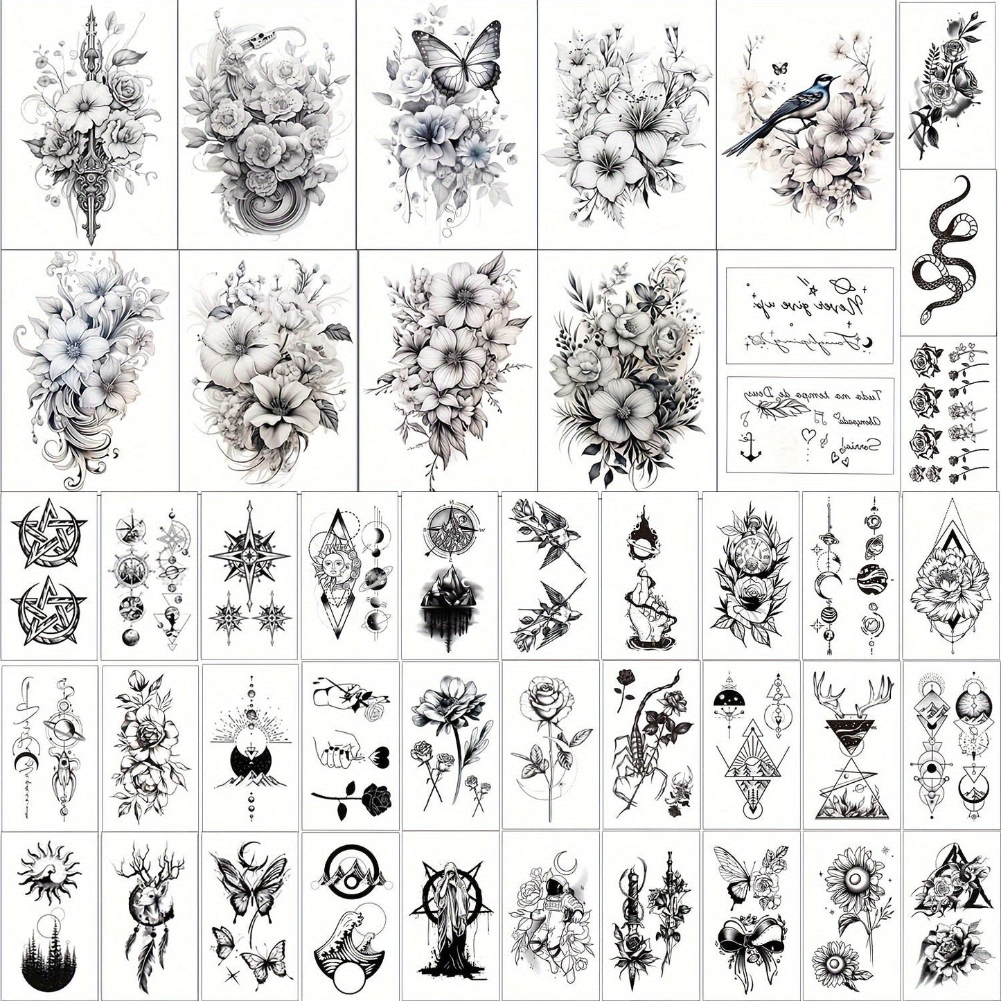 Temporary Tattoos GLARYYEARS 44-Sheet Black Floral, Butterfly and Snake Set with 9 Large and 35 Small Designs