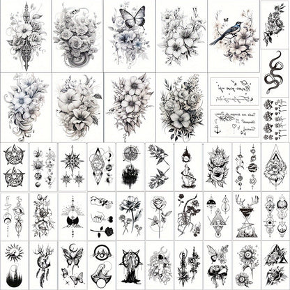 Temporary Tattoos GLARYYEARS 44-Sheet Black Floral, Butterfly and Snake Set with 9 Large and 35 Small Designs