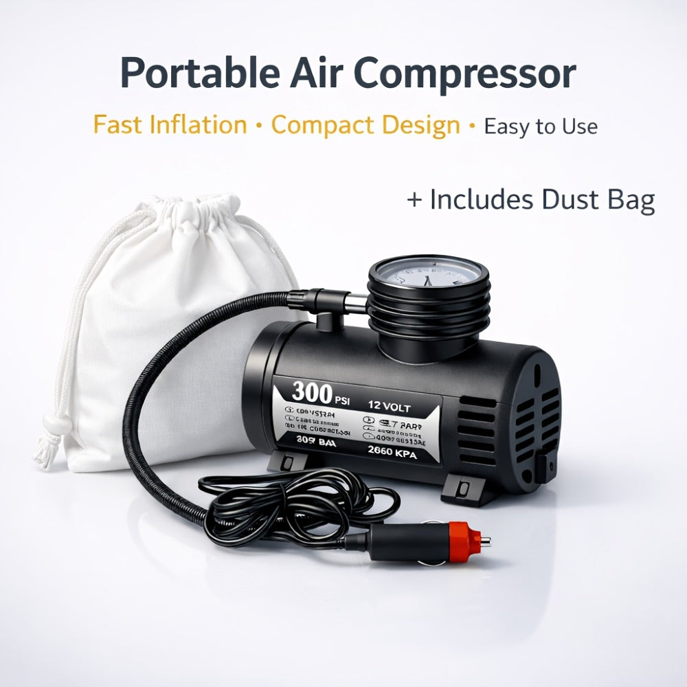 12V Car Tire Inflator Pump 300PSI, Portable Air Compressor for Car Truck Motorcycle Bike Tires, No Battery Needed