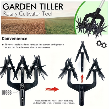 Manual Rotary Garden Cultivator Head with U-Shaped Frame and Detachable Star-Shaped Tine Wheels