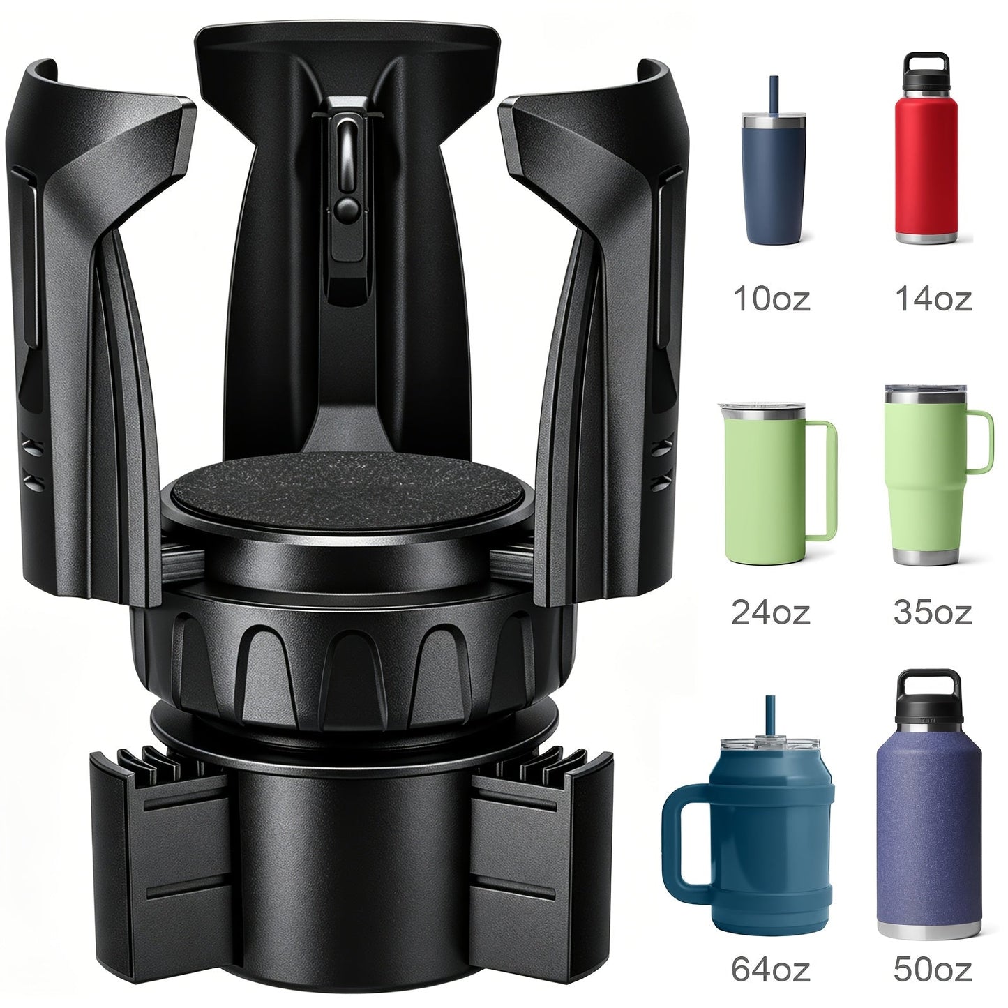 Adjustable Car Cup Holder Expander for 2.56-4.8 Inch Drinkware with 2.56-3.93 Inch Expanding Base in Black