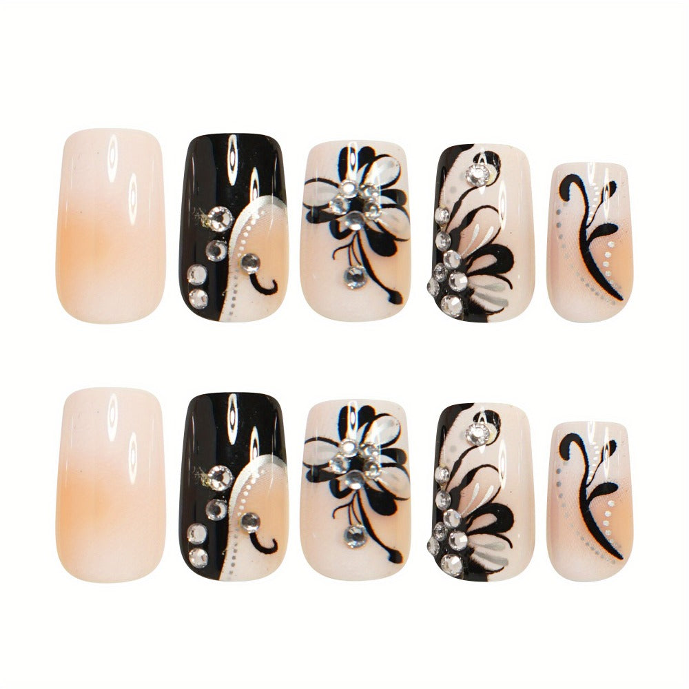 Press On Nails 48-Piece Medium Square Black and White Matte French Tip Butterfly Full-Cover Set