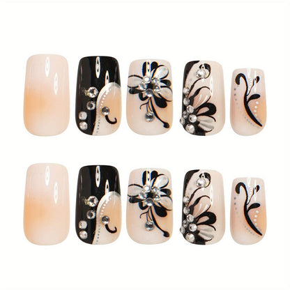 Press On Nails 48-Piece Medium Square Black and White Matte French Tip Butterfly Full-Cover Set